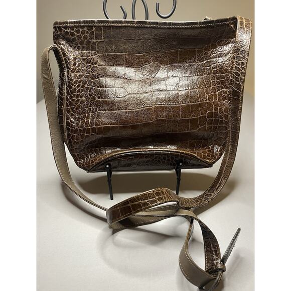 Carlos Falchi Vintage Croc Embossed Leather Purse Brown - Picture 2 of 15